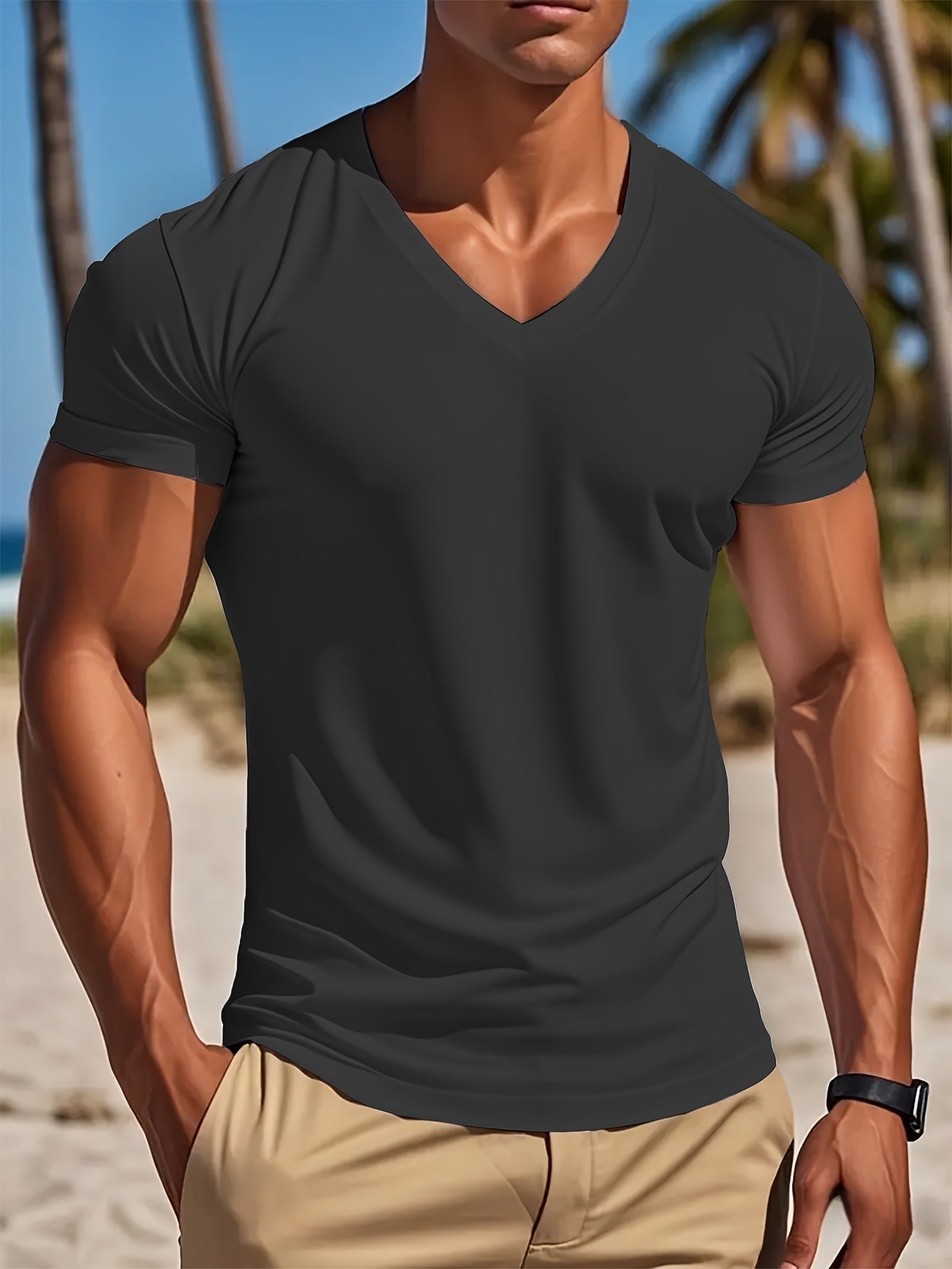 Men's V-neck T-shirt Smooth Black